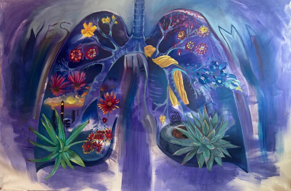 A purple blue painting of lungs where the branches of the lungs bloom into plants and succulents